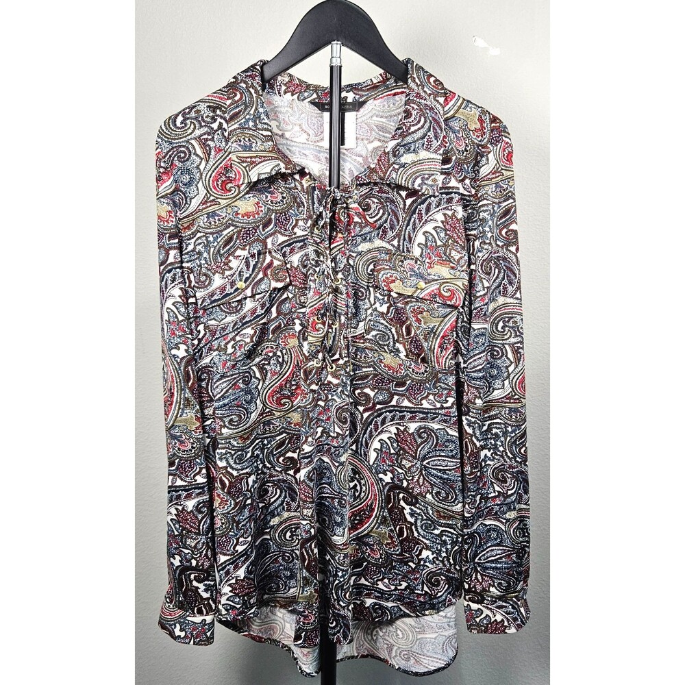 BCBGMAXAZRIA XL Paisley Blouse Tie Neck Top Stretch Long Sleeve Boho Career